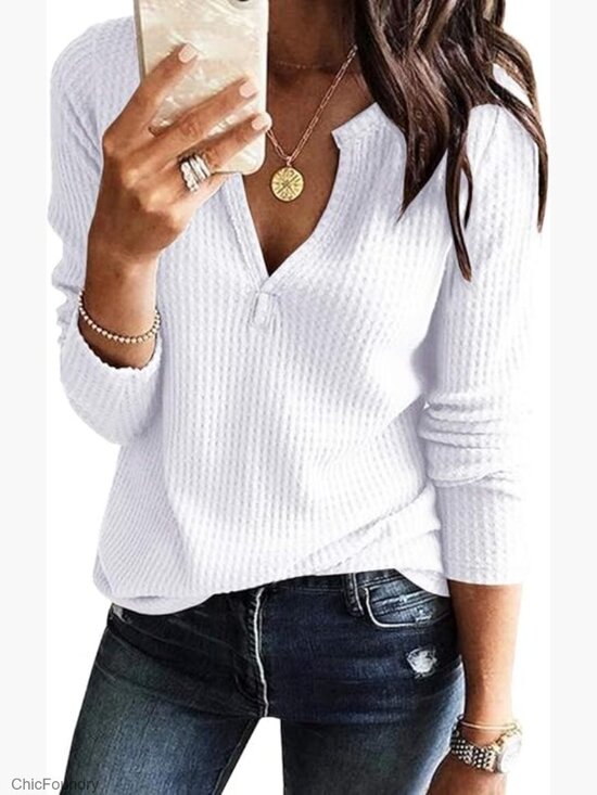 Sweaters - Long Sleeve V-Neck Waffle Knit Pullover Sweater Loose Fit Tee